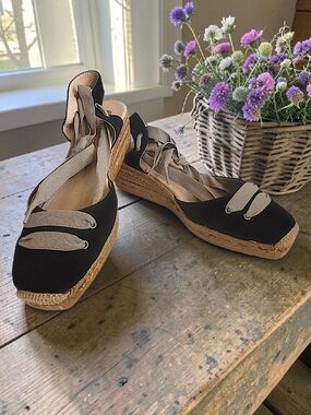 Eric Michael Black Espadrille Wedge Sandals with Wrap Ties